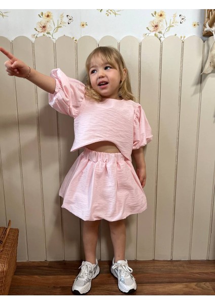 Poplin Kumaş Balon Etekli Arkası Çıtçıtlı Gömlekli Kız Çocuk Takım fiyatları
