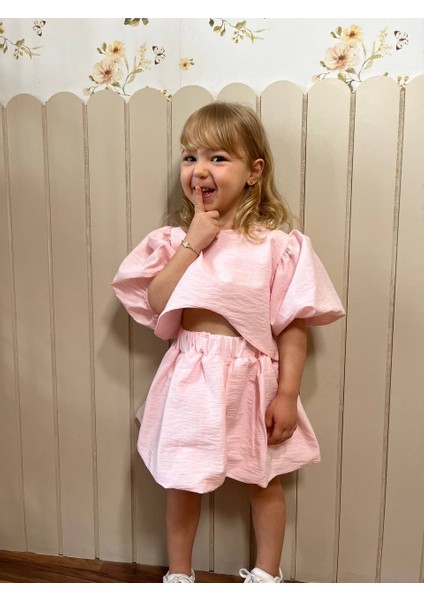 Poplin Kumaş Balon Etekli Arkası Çıtçıtlı Gömlekli Kız Çocuk Takım modelleri