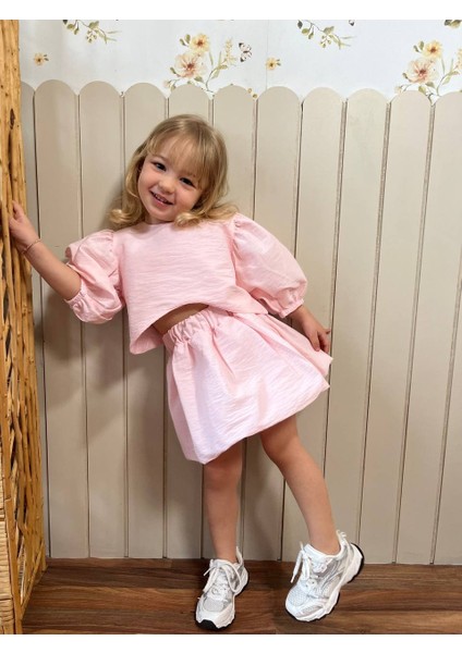 Poplin Kumaş Balon Etekli Arkası Çıtçıtlı Gömlekli Kız Çocuk Takım fırsatları