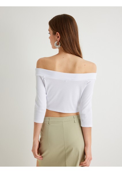 Yeni Sezon Koton x Sima Tarkan - Omzu Açık Crop Tişört Dirsek Boy Kol Pamuklu Slim Fit fırsatları