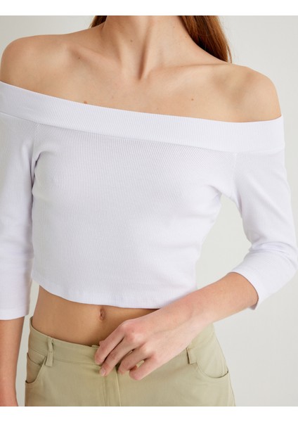 Yeni Sezon Koton x Sima Tarkan - Omzu Açık Crop Tişört Dirsek Boy Kol Pamuklu Slim Fit indirimleri