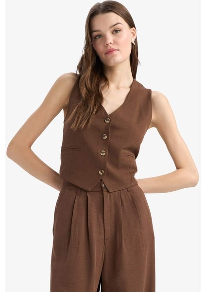 Yeni Sezon V Yaka Keten Karışımlı Blazer Yelek modelleri