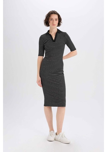 Yeni Sezon Bodycon Vücudu Saran Polo Yaka Fitilli Kaşkorse Kısa Kollu Midi Elbise