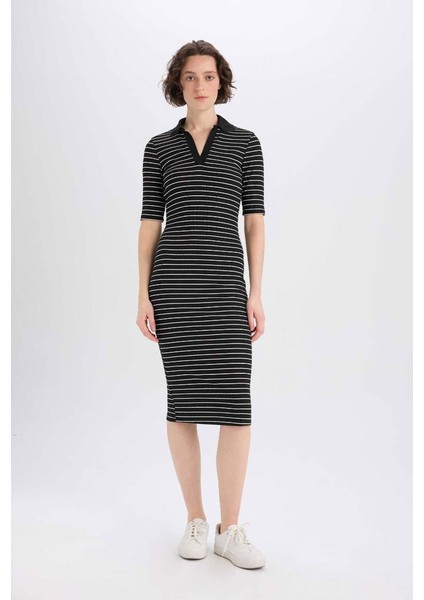 Yeni Sezon Bodycon Vücudu Saran Polo Yaka Fitilli Kaşkorse Kısa Kollu Midi Elbise fiyatları