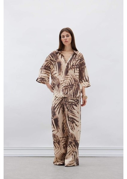 Yeni Sezon Wide Leg Desenli Modal Kumaş Palazzo Pantolon Yüksek Bel Düz Geniş Paça