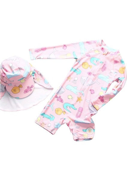 UPF50+ Kız Çocuk Pembe Hizli Kuruyan Kolay Giyilen Fermuarli Tulum Mayo Sapka Set