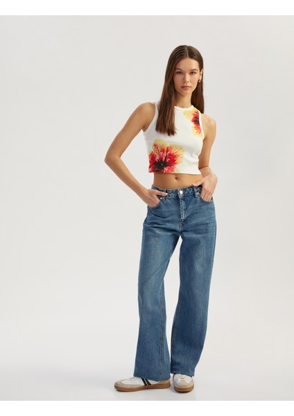 Yeni Sezon Çiçek Baskılı Kolsuz Bisiklet Yaka Slim Fit Üst