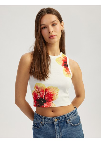 Yeni Sezon Çiçek Baskılı Kolsuz Bisiklet Yaka Slim Fit Üst