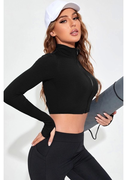 - Kadın Siyah Uzun Kol Fermuarlı Parmak Geçme Detaylı Dik Yaka Crop Top Bluz modelleri