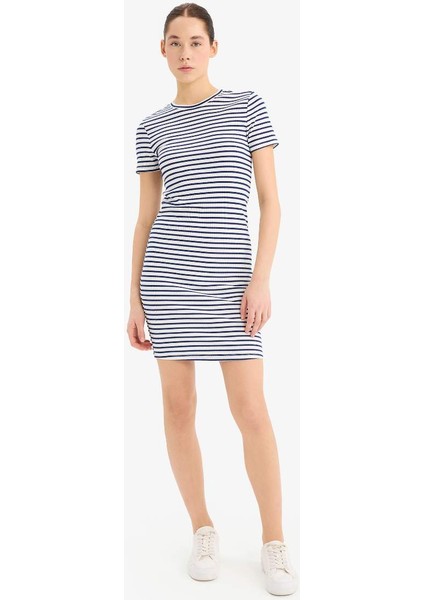 Yeni Sezon Coool Bodycon Vücudu Saran Bisiklet Yaka Çizgili Fitilli Kaşkorse Kısa Kollu Mini Elbise