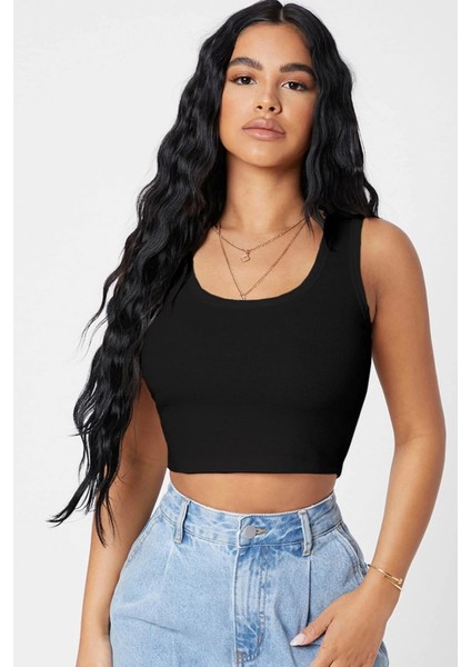 - Kadın Siyah Kare Yaka Crop Top Bluz