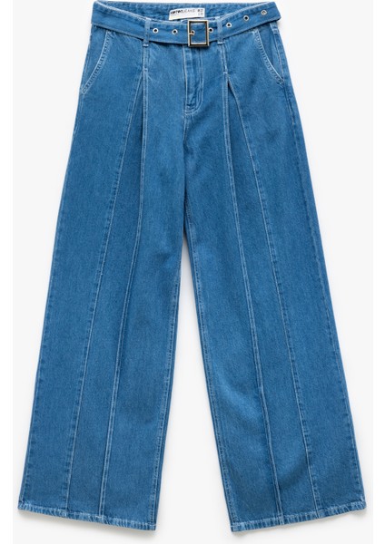 Yeni Sezon Geniş Paça Kemer Detaylı Pileli Pamuklu Jean Pantolon - Wide Leg Jeans indirimleri