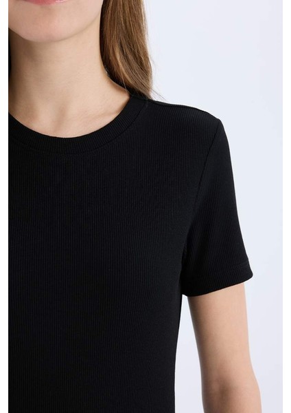 Yeni Sezon Coool Bodycon Vücudu Saran Bisiklet Yaka Fitilli Kaşkorse Kısa Kollu Mini Elbise
