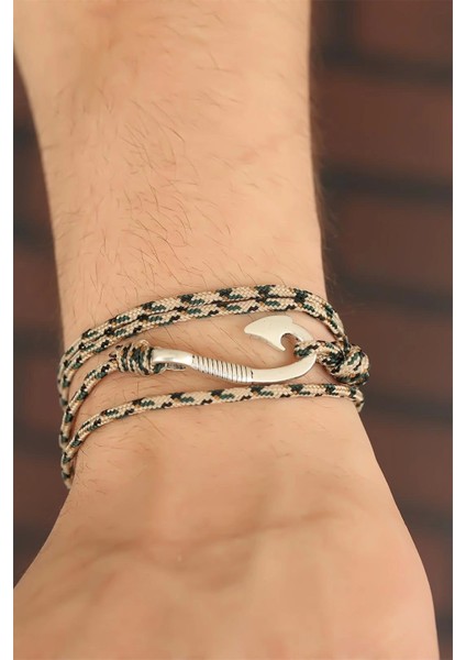 Krem Renk Çizgi Desenli Metal Kancalı Erkek Bileklik - TJ-EB2244-KS