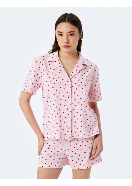 Yeni Sezon Pamuklu Gömlek Yaka Kalpli Şortlu Pijama Takımı