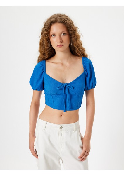 Yeni Sezon Crop Tişört Balon Kol Korse Görünümlü Bürümcük V Yaka Slim Fit modelleri