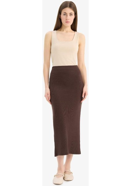 Yeni Sezon Yüksek Bel Fitilli Kaşkorse Basic Düz Maxi Kahve Etek modelleri