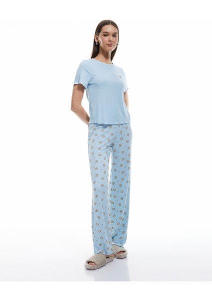 Yeni Sezon Viskon Kaşkorse Kısa Kollu Bisiklet Yaka Baskılı Pijama Takımı