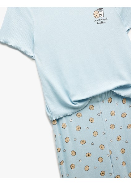 Yeni Sezon Viskon Kaşkorse Kısa Kollu Bisiklet Yaka Baskılı Pijama Takımı
