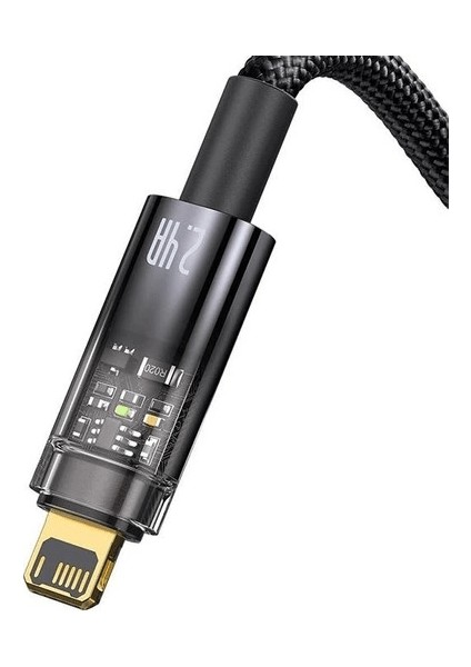 Şeffaf Uçlu Iphone 45W USB Hızlı ve Dayanıklı Şarj ve Data Işıklı Örgü Kablo 1 Metre ( Lisinya )
