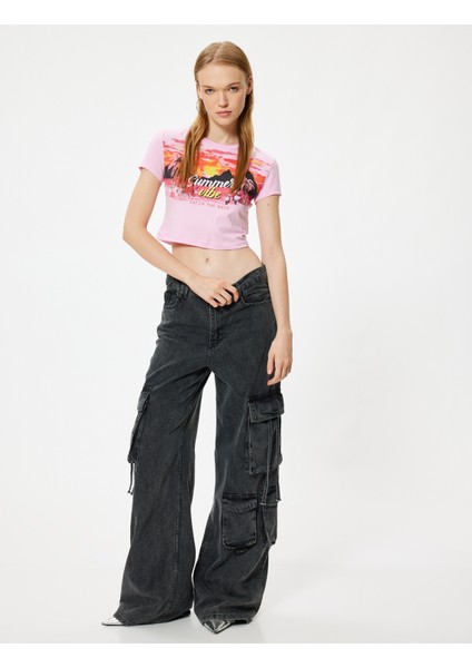 Yeni Sezon Crop Tişört Kısa Kollu Slogan Baskılı Bisiklet Yaka Slim Fit