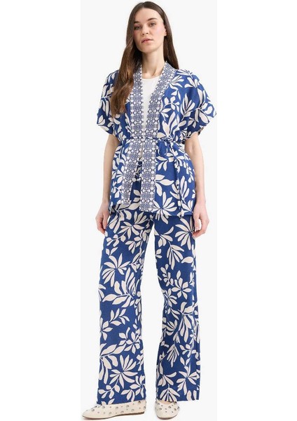 Yeni Sezon Regular Fit Desenli Cep Detaylı Düz Paça Keten Karışımlı Pantolon fiyatları
