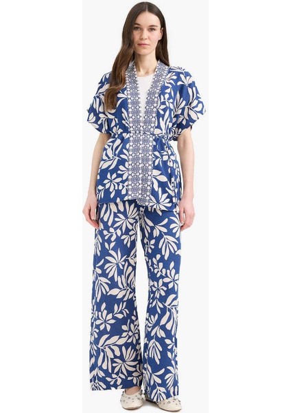 Yeni Sezon Regular Fit Desenli Cep Detaylı Düz Paça Keten Karışımlı Pantolon modelleri