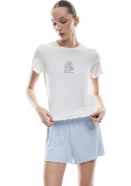 Yeni Sezon Bisiklet Yaka Kısa Kollu Yıldız Desenli Viskon Şortlu Pijama Takımı
