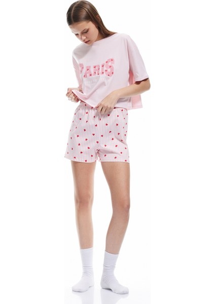 Yeni Sezon Pamuklu Bisiklet Yaka Kısa Kollu Kalpli Şort Pijama Takımı
