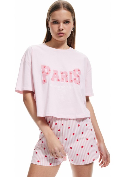 Yeni Sezon Pamuklu Bisiklet Yaka Kısa Kollu Kalpli Şort Pijama Takımı