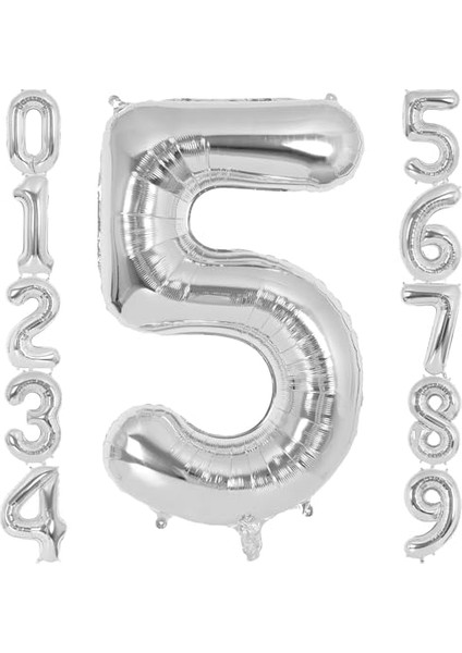 5 Rakamı Doğum Günü Balonu Yaş Günü Gümüş Renk Uçan Balon 102 cm Doğum Günü ve Parti Dekorasyonu Büyük Boy Folyo Helyum Uçan Balon Yaş 5 Sayısı