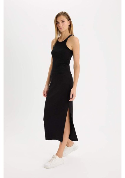 Yeni Sezon Fitted Vücudu Saran Yırtmaçlı Basic Düz Fitilli Kaşkorse Siyah Midi Etek