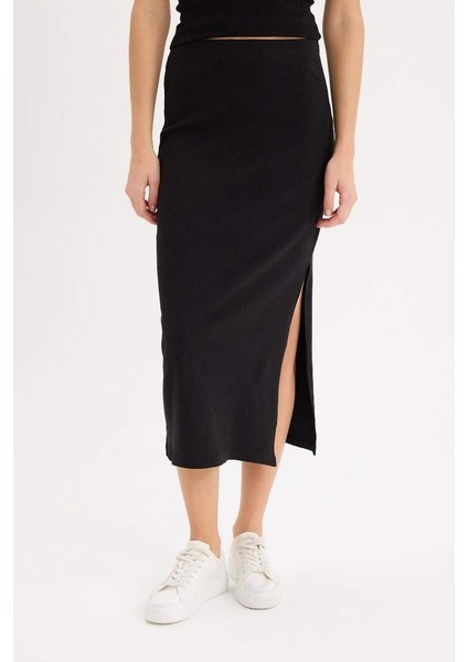 Yeni Sezon Fitted Vücudu Saran Yırtmaçlı Basic Düz Fitilli Kaşkorse Siyah Midi Etek