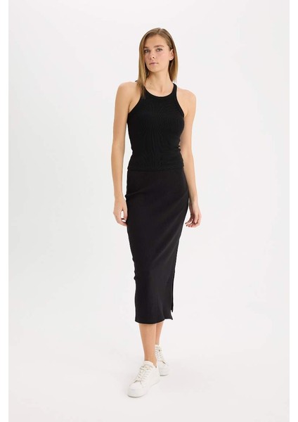 Yeni Sezon Fitted Vücudu Saran Yırtmaçlı Basic Düz Fitilli Kaşkorse Siyah Midi Etek