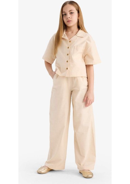 Yeni Sezon Kız Çocuk Cropped Fit Keten Kısa Kollu Gömlek fiyatları