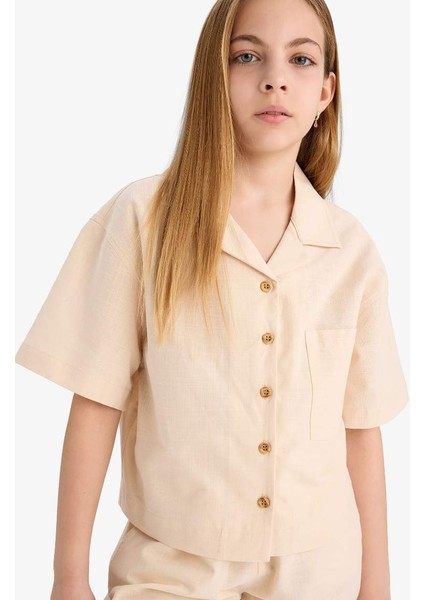 Yeni Sezon Kız Çocuk Cropped Fit Keten Kısa Kollu Gömlek fırsatları