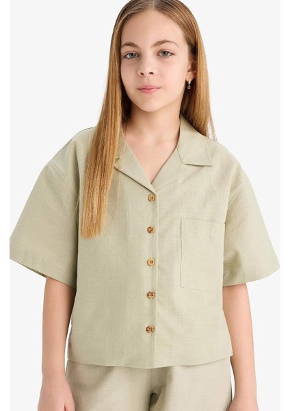 Yeni Sezon Kız Çocuk Cropped Fit Keten Kısa Kollu Gömlek