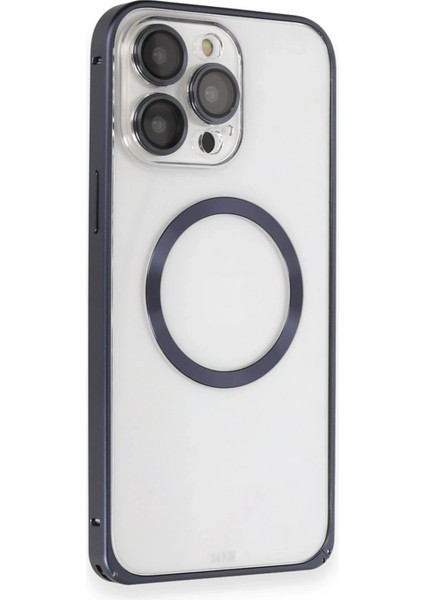 Apple iPhone 15 Pro Max Kılıf Metal Bumper Magneticsafe Kapak - Lacivert Ferrg