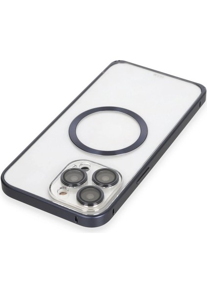 Apple iPhone 15 Pro Max Kılıf Metal Bumper Magneticsafe Kapak - Lacivert Ferrg
