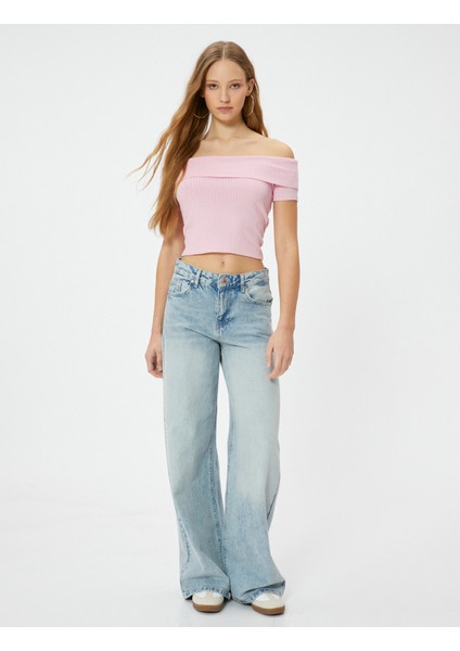 Yeni Sezon Madonna Yaka Tişört Crop Omzu Açık Ribanalı Kısa Kollu Slim Fit fiyatları