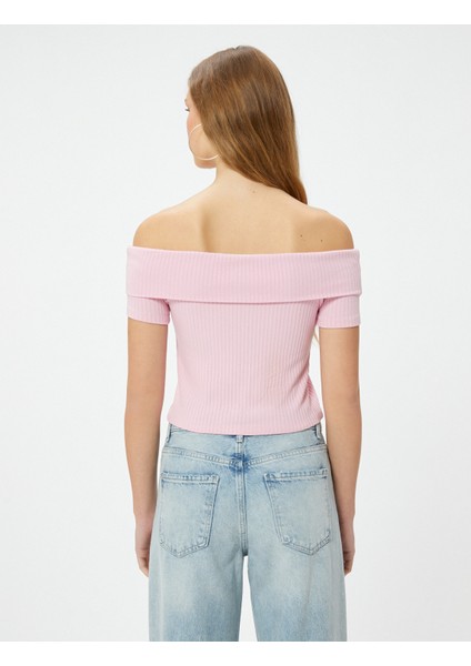 Yeni Sezon Madonna Yaka Tişört Crop Omzu Açık Ribanalı Kısa Kollu Slim Fit fırsatları