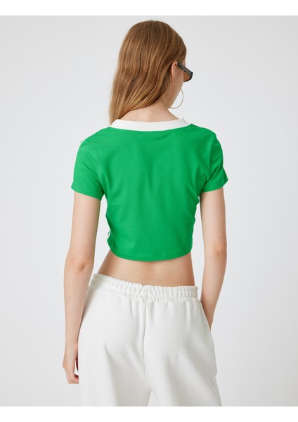 Yeni Sezon Crop Tişört V Yaka Slogan Baskılı Kısa Kollu Biyeli Slim Fit fırsatları