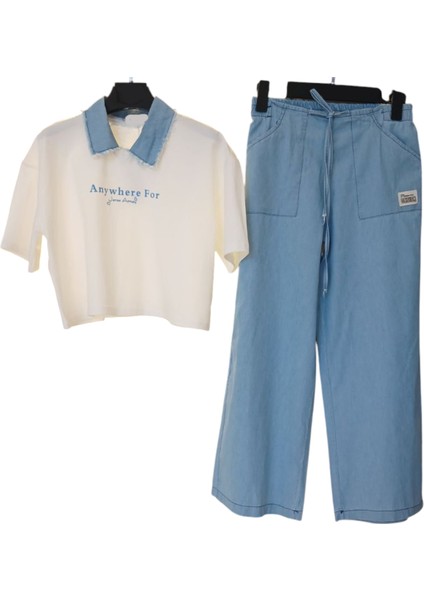 Kız Çocuk Oversize Anywhere Kot Yakalı Tişört Kot Pantolon Takımı