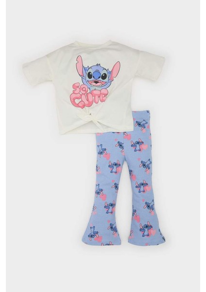 Yeni Sezon Kız Bebek Disney Lilo & Stitch 2'li Takım Bisiklet Yaka Kısa Kollu Tişört Fitilli Kaşkorse Ispanyol Paça Tayt