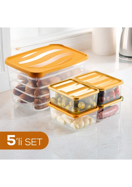5'li Set Dondurucu ve Mikrodalgaya Uygun Buzdolabı Düzenleyici 1x(5 Litre) 4X(775 Ml) Turuncu