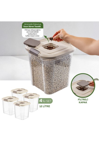 4'lü 12 Lt Kare Çok Amaçlı Pratik Un Bakliyat Saklama Kabı