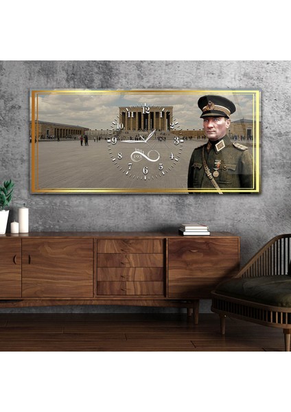 Askeri Kıyafetli Atatürk ve Anıtkabir Yatay Ortadan Saatli Vatan Temalı Cam Tablo YSOV043