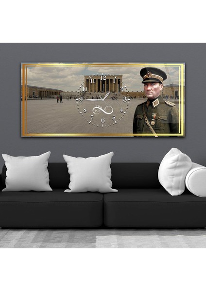 Askeri Kıyafetli Atatürk ve Anıtkabir Yatay Ortadan Saatli Vatan Temalı Cam Tablo YSOV043