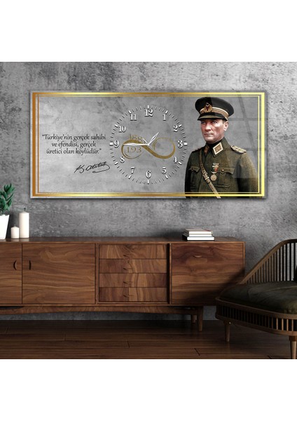Yatay Saatli Ortadan Vatan Temalı Cam Tablo YSOV165