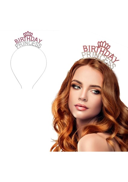 Taşlı Pembe Birthday Princess Yazılı Parti Tacı 19 x 11 cm